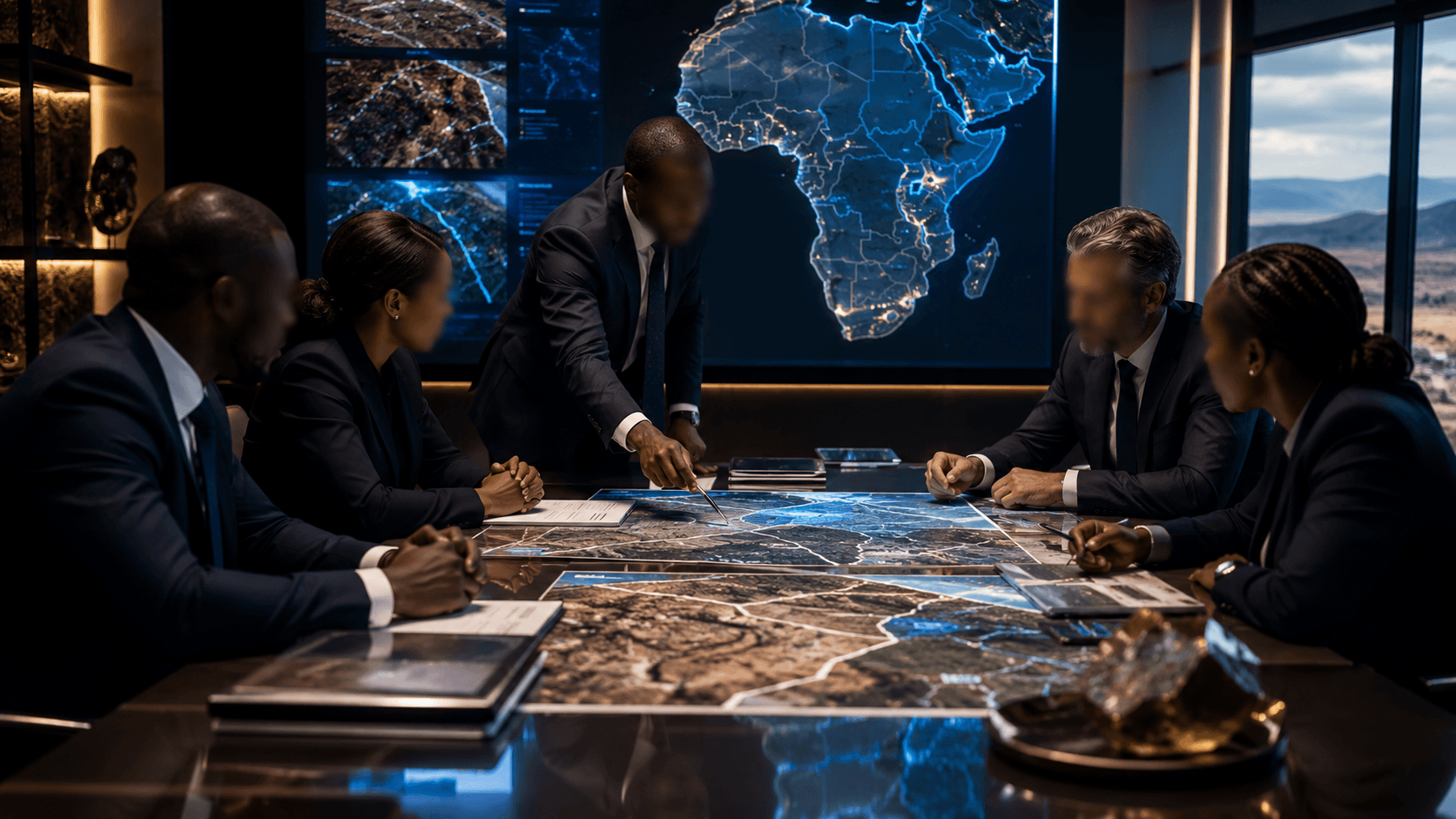 Executive exploration team reviewing regional maps and field-ready target decisions