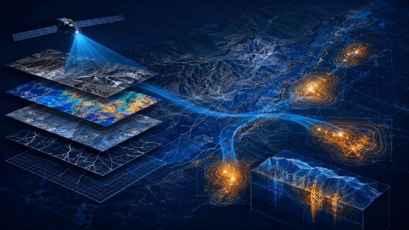 Satellite layer stack with exploration targets and terrain evidence convergence