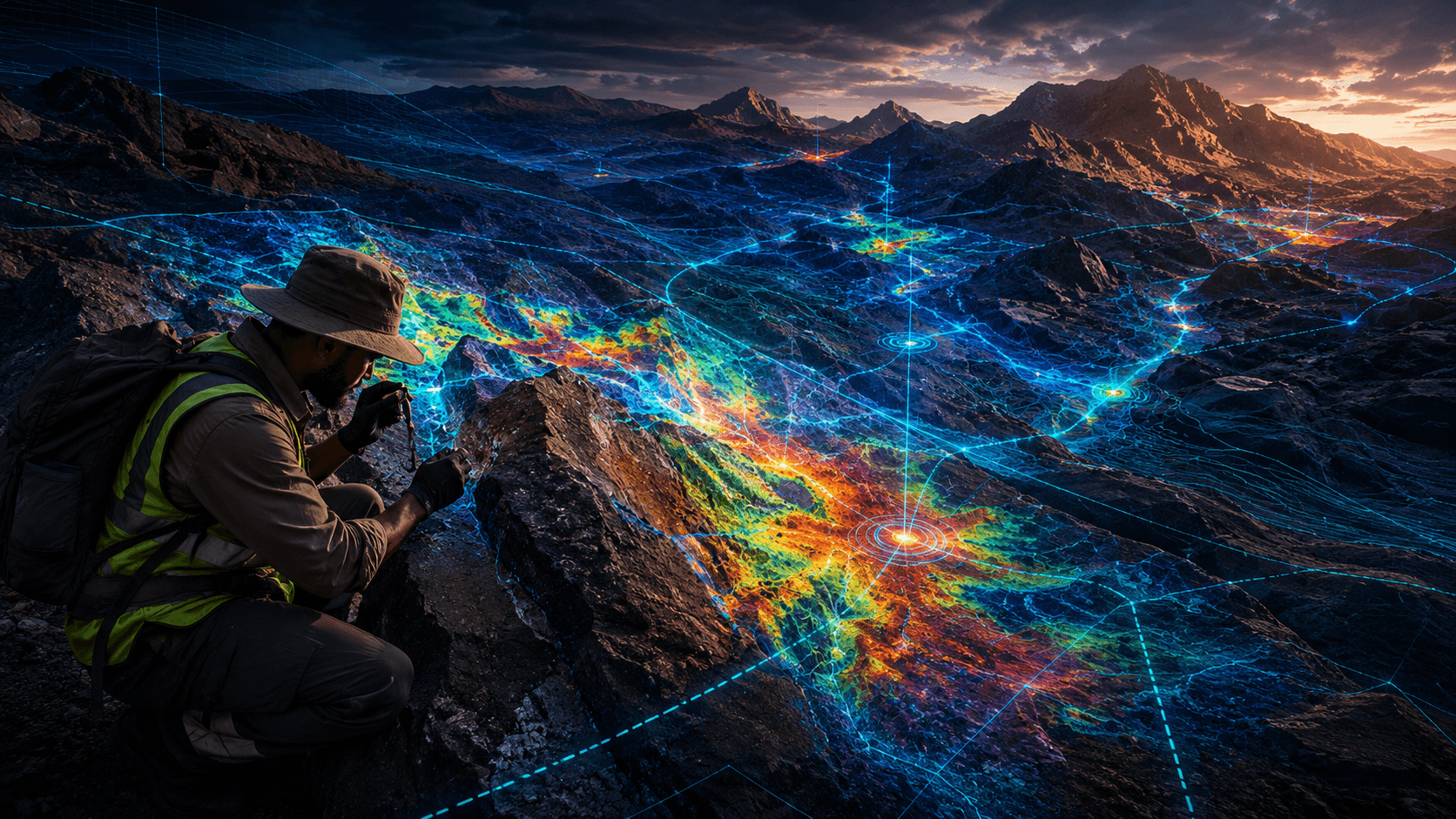 Field geologist checking digital exploration overlays against terrain and rock exposure